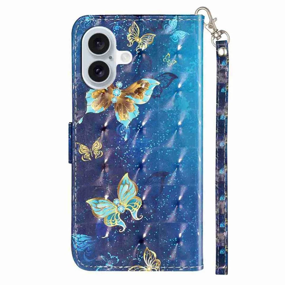 For iPhone 17 Wallet Case 3D Pattern Printed Leather Phone Cover with Strap - Blue Gold Butterflies - 6