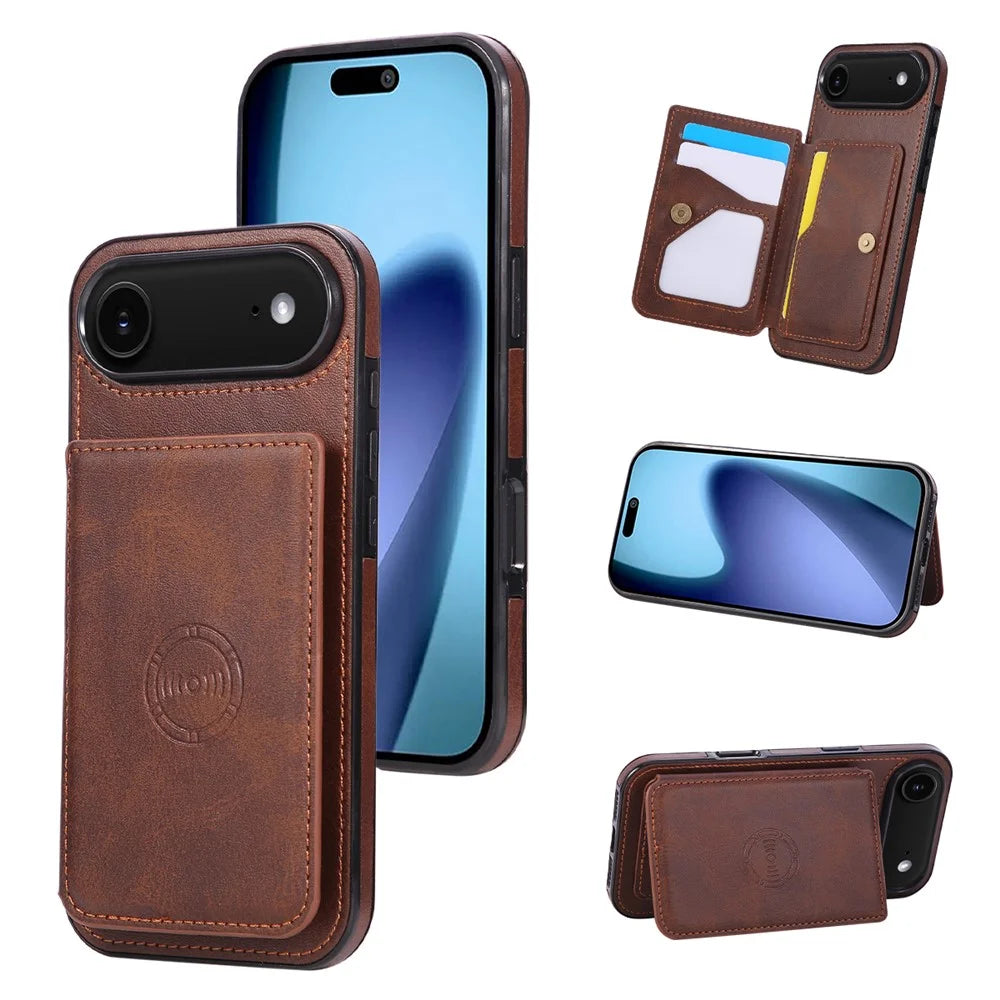 For iPhone Air Case Card Holder Kickstand PU Leather + TPU Phone Cover - Coffee - 1