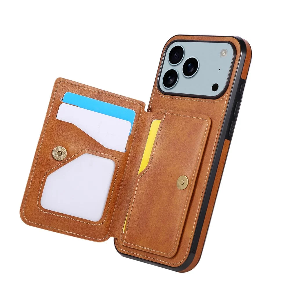 For iPhone 18 Pro Max / 17 Pro Max Case Card Holder Kickstand PU Leather + TPU Phone Cover - Brown - 2