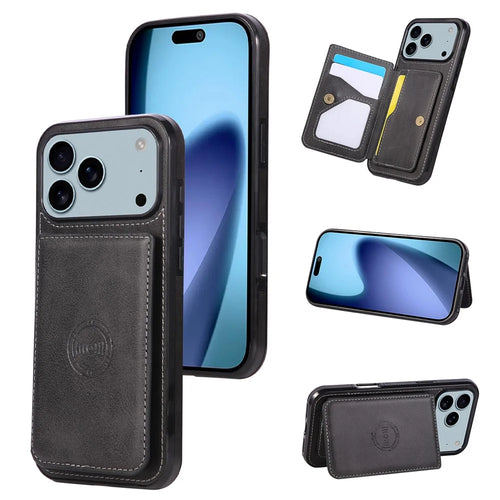 For iPhone 18 Pro / 17 Pro Case Card Holder Kickstand PU Leather + TPU Phone Cover - Black - 1