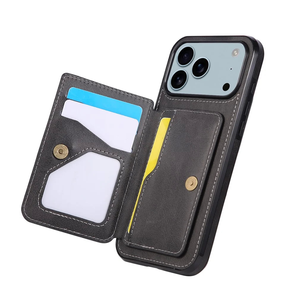 For iPhone 18 Pro / 17 Pro Case Card Holder Kickstand PU Leather + TPU Phone Cover - Black - 2
