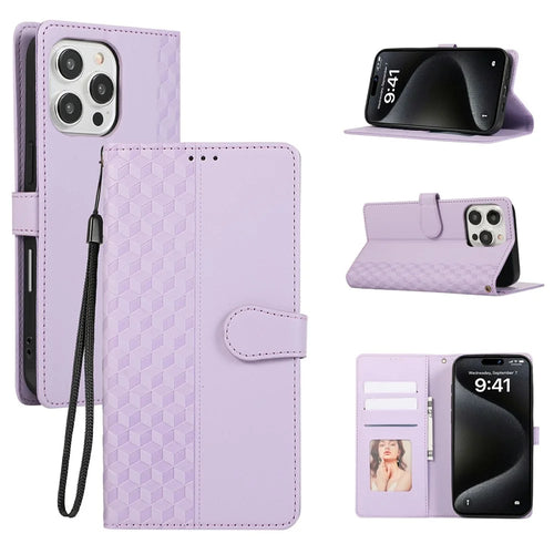 For iPhone 16 Pro Max Case 3D Rhombus Grid Imprinted Wallet Leather Phone Cover with Lanyard - Purple - 1