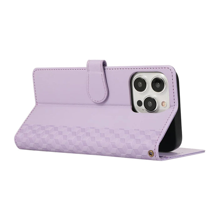 For iPhone 16 Pro Max Case 3D Rhombus Grid Imprinted Wallet Leather Phone Cover with Lanyard - Purple - 3