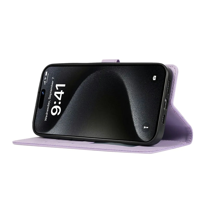 For iPhone 16 Pro Max Case 3D Rhombus Grid Imprinted Wallet Leather Phone Cover with Lanyard - Purple - 4