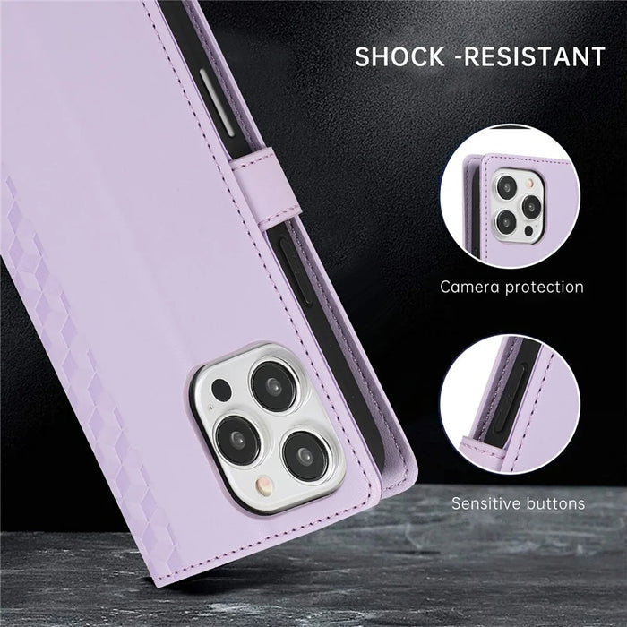 For iPhone 16 Pro Max Case 3D Rhombus Grid Imprinted Wallet Leather Phone Cover with Lanyard - Purple - 7