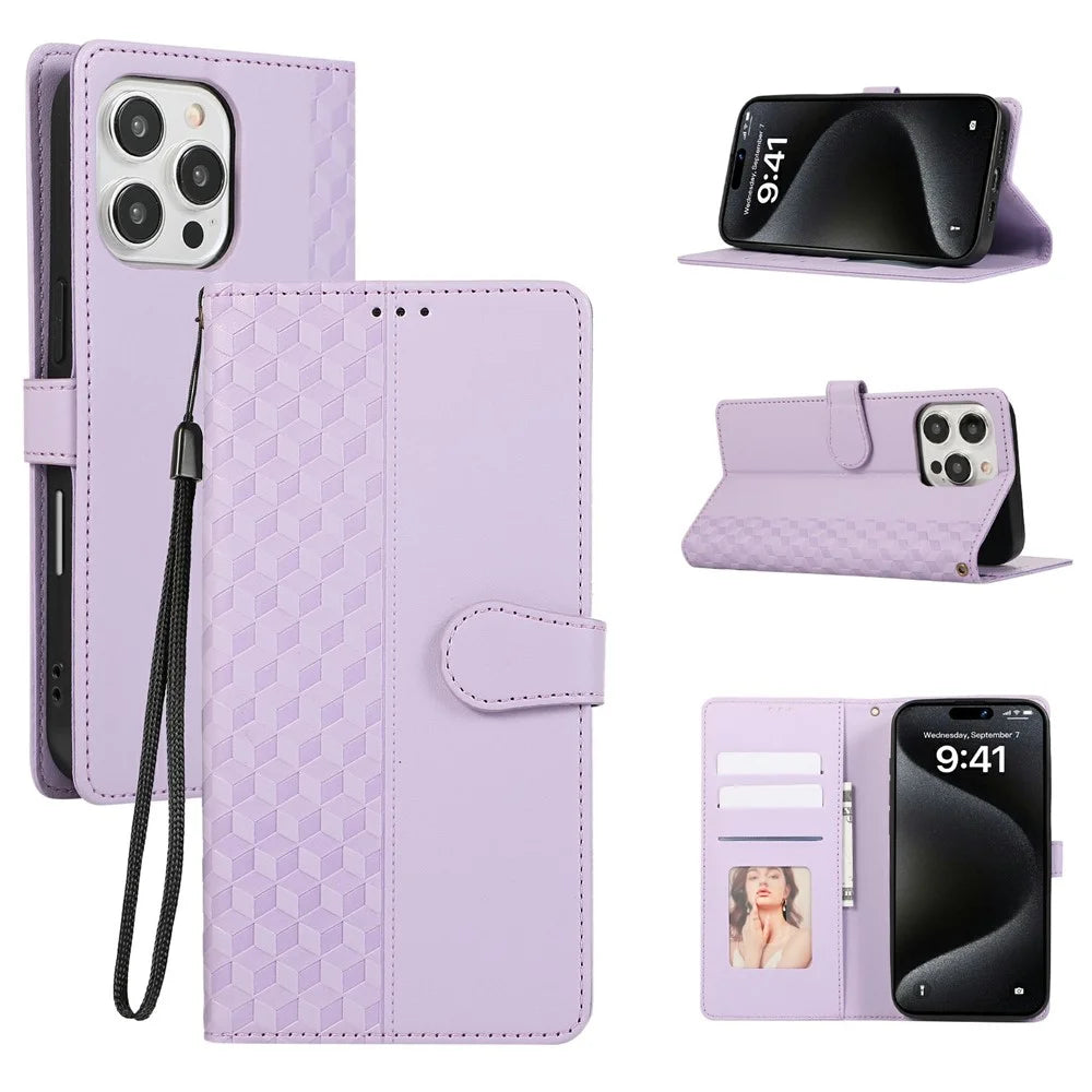For iPhone 16 Pro Case 3D Rhombus Grid Imprinted Wallet Leather Phone Cover with Lanyard - Purple - 1