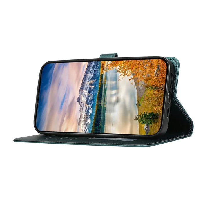 For iPhone 17 Case 3D Rhombus Grid Imprinted Wallet Leather Phone Cover with Lanyard - Green - 3