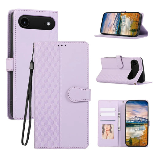 For iPhone Air Case 3D Rhombus Grid Imprinted Wallet Leather Phone Cover with Lanyard - Purple - 1