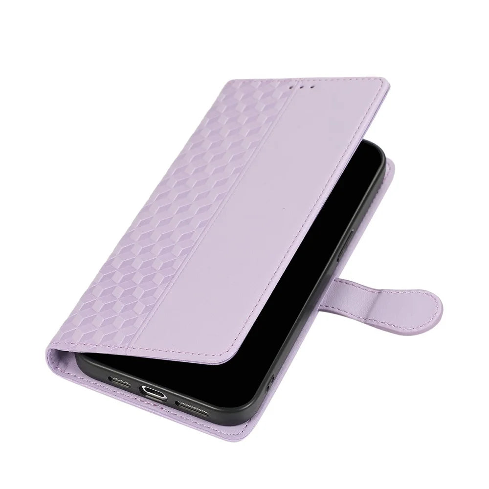 For iPhone Air Case 3D Rhombus Grid Imprinted Wallet Leather Phone Cover with Lanyard - Purple - 5