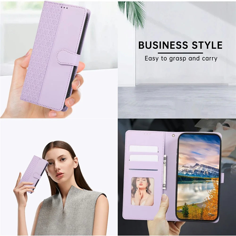 For iPhone Air Case 3D Rhombus Grid Imprinted Wallet Leather Phone Cover with Lanyard - Purple - 6