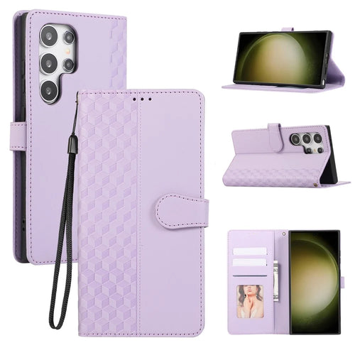For Samsung Galaxy S24 Ultra Case 3D Rhombus Grid Imprinted Wallet Leather Phone Cover with Lanyard - Purple - 1