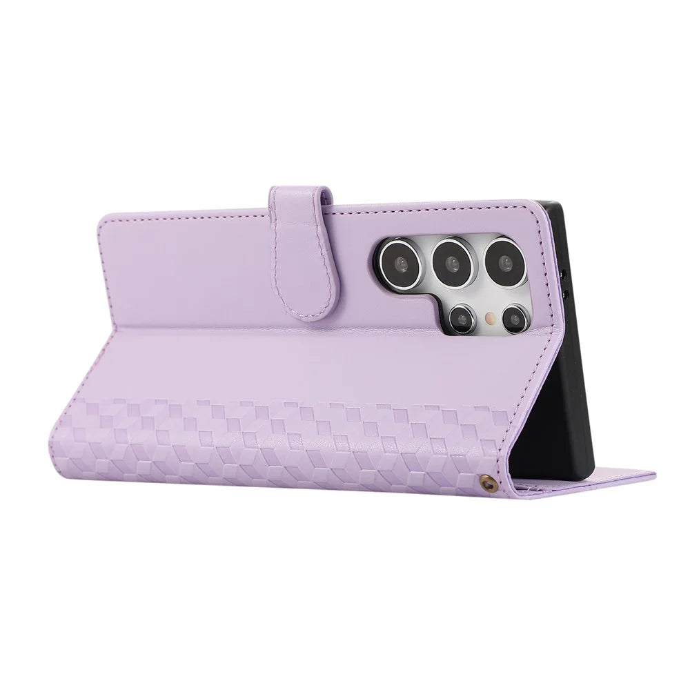 For Samsung Galaxy S24 Ultra Case 3D Rhombus Grid Imprinted Wallet Leather Phone Cover with Lanyard - Purple - 4