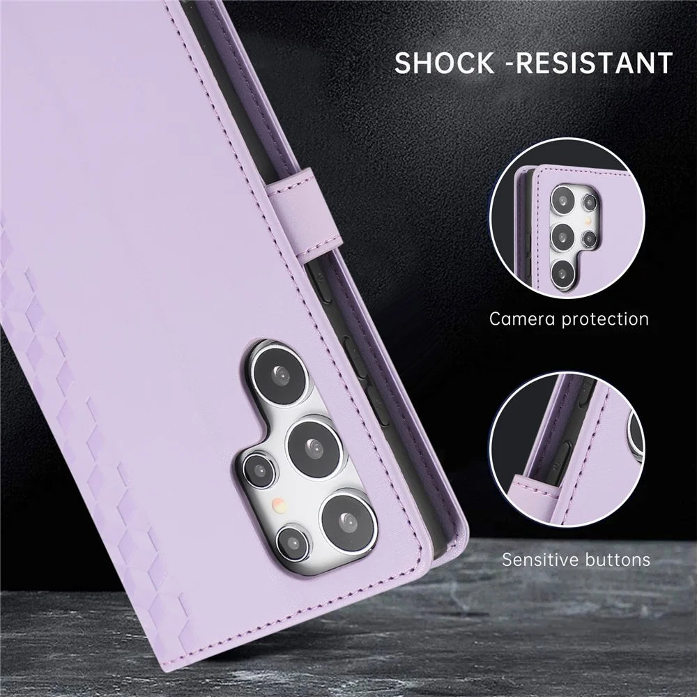 For Samsung Galaxy S24 Ultra Case 3D Rhombus Grid Imprinted Wallet Leather Phone Cover with Lanyard - Purple - 6