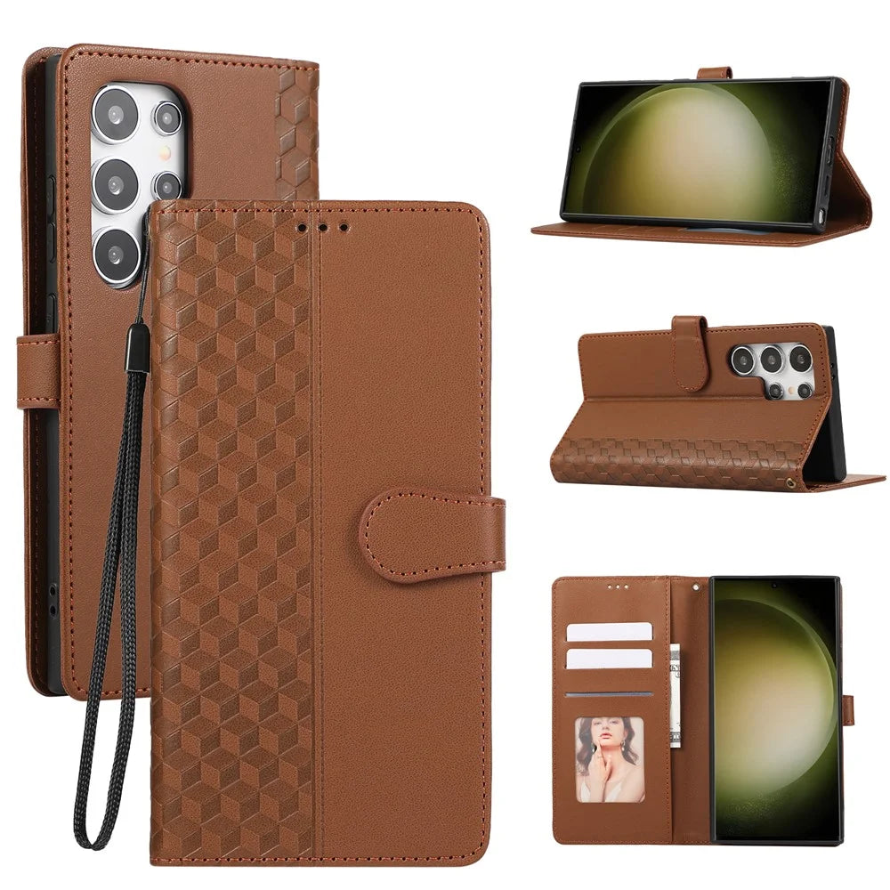 For Samsung Galaxy S25 Ultra Case 3D Rhombus Grid Imprinted Wallet Leather Phone Cover with Lanyard - Brown - 1