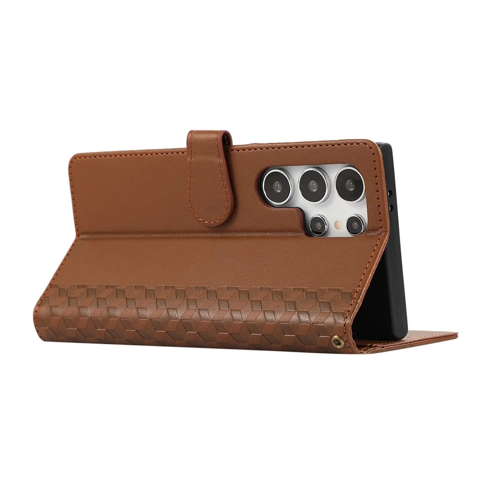 For Samsung Galaxy S25 Ultra Case 3D Rhombus Grid Imprinted Wallet Leather Phone Cover with Lanyard - Brown - 3