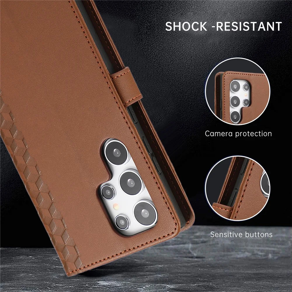 For Samsung Galaxy S25 Ultra Case 3D Rhombus Grid Imprinted Wallet Leather Phone Cover with Lanyard - Brown - 6
