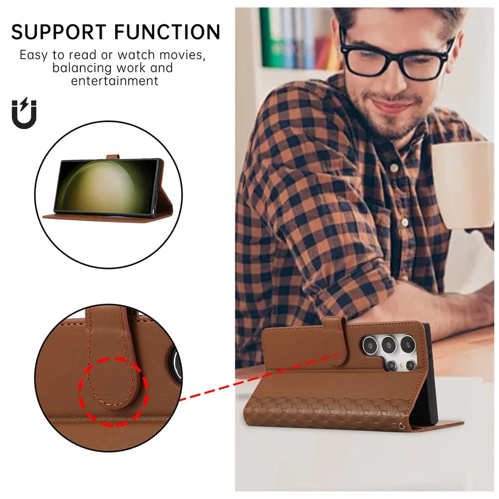 For Samsung Galaxy S25 Ultra Case 3D Rhombus Grid Imprinted Wallet Leather Phone Cover with Lanyard - Brown - 7