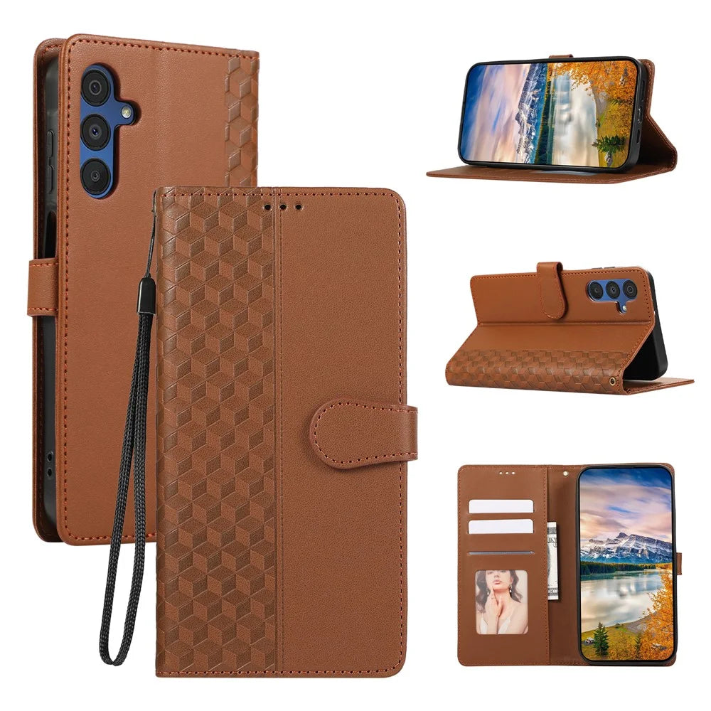 For Samsung Galaxy A56 5G Case 3D Rhombus Grid Imprinted Wallet Leather Phone Cover with Lanyard - Brown - 1