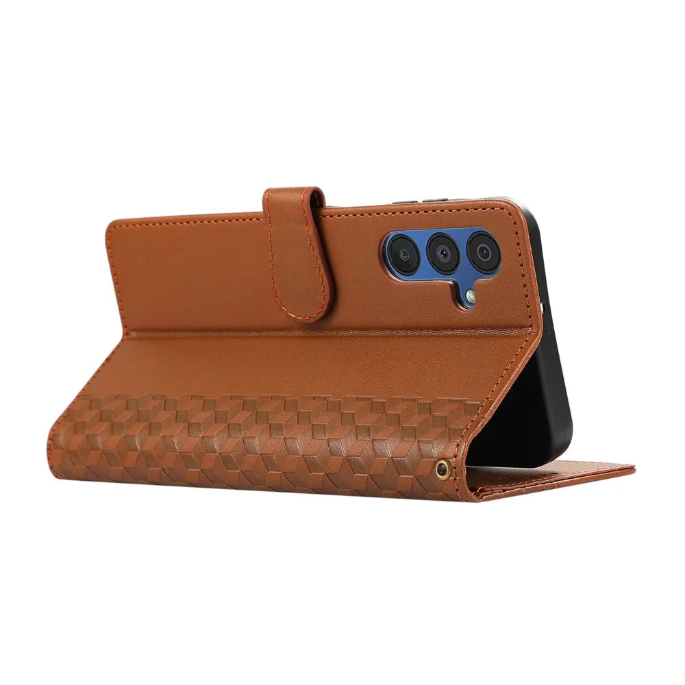 For Samsung Galaxy A56 5G Case 3D Rhombus Grid Imprinted Wallet Leather Phone Cover with Lanyard - Brown - 3