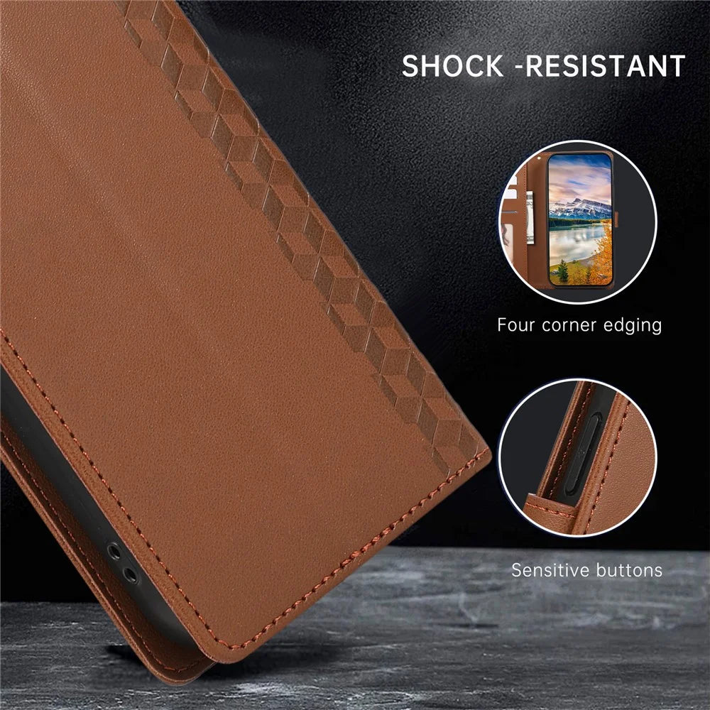 For Samsung Galaxy A56 5G Case 3D Rhombus Grid Imprinted Wallet Leather Phone Cover with Lanyard - Brown - 6