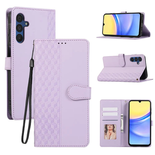 For Samsung Galaxy A36 5G Case 3D Rhombus Grid Imprinted Wallet Leather Phone Cover with Lanyard - Purple - 1