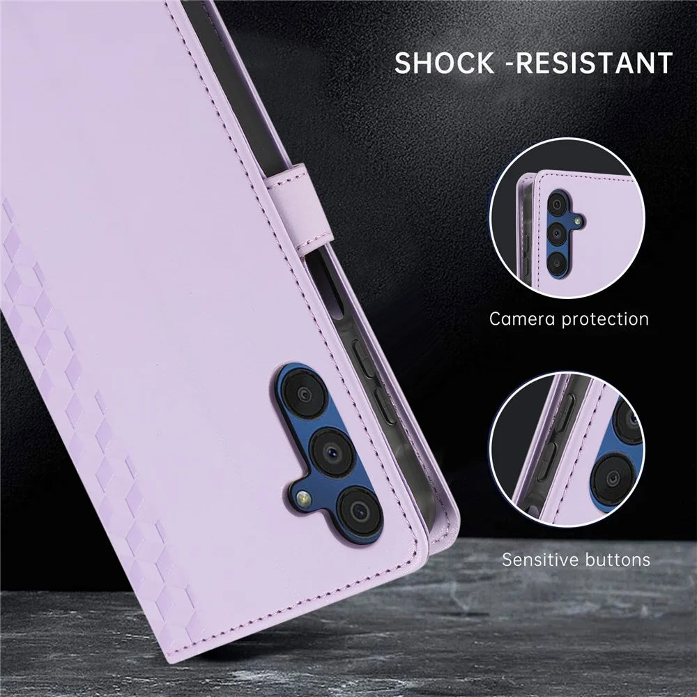 For Samsung Galaxy A36 5G Case 3D Rhombus Grid Imprinted Wallet Leather Phone Cover with Lanyard - Purple - 6