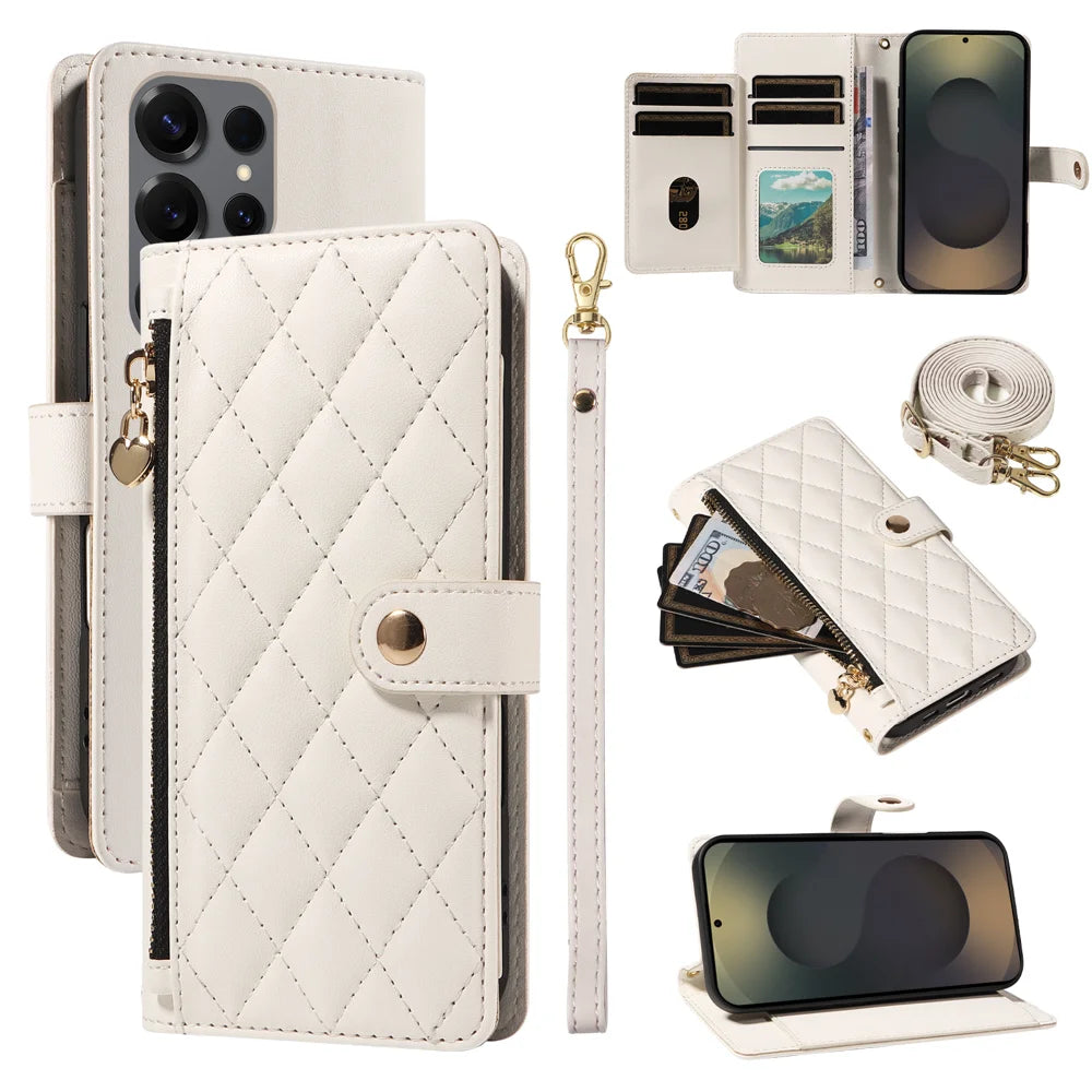 For Samsung Galaxy S25 Ultra Wallet Case with Straps, Rhombus Leather Stand Phone Cover - White - 1