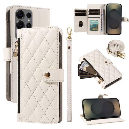 For Samsung Galaxy S25 Ultra Wallet Case with Straps, Rhombus Leather Stand Phone Cover - White - 1