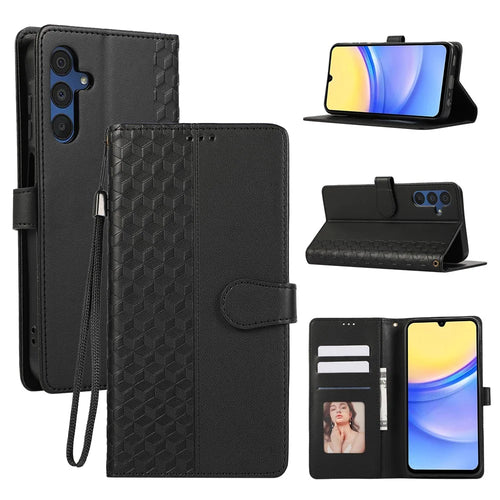 Leather Case For Samsung Galaxy A18 5G / A18 4G / A17 5G / A17 4G / A26 5G / A16 5G / A16 4G 3D Rhombus Grid Imprinted Wallet Phone Cover with Lanyard - Black - 1