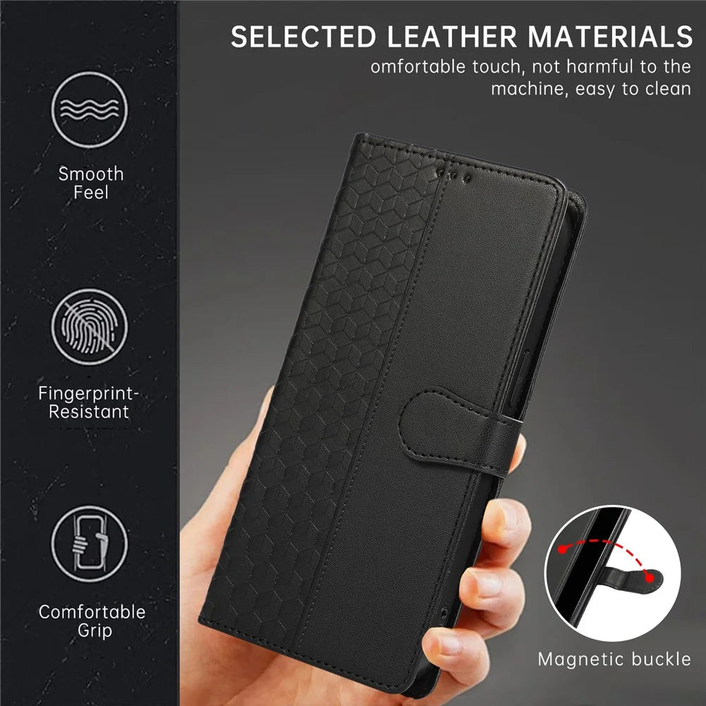 Leather Case For Samsung Galaxy A18 5G / A18 4G / A17 5G / A17 4G / A26 5G / A16 5G / A16 4G 3D Rhombus Grid Imprinted Wallet Phone Cover with Lanyard - Black - 5