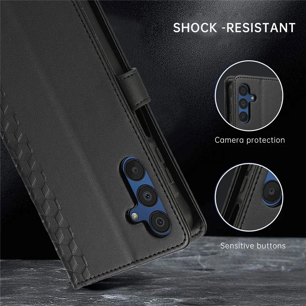 Leather Case For Samsung Galaxy A18 5G / A18 4G / A17 5G / A17 4G / A26 5G / A16 5G / A16 4G 3D Rhombus Grid Imprinted Wallet Phone Cover with Lanyard - Black - 6