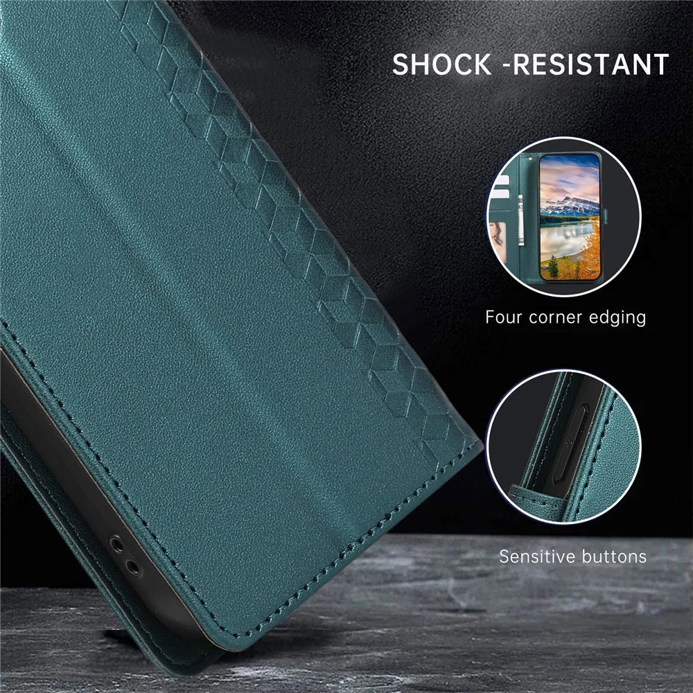 For Samsung Galaxy S25  /  S24 Case 3D Rhombus Grid Imprinted Wallet Leather Phone Cover with Lanyard - Green - 6