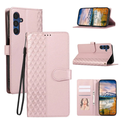 For Samsung Galaxy S25+  /  S24+ Case 3D Rhombus Grid Imprinted Wallet Leather Phone Cover with Lanyard - Rose Gold - 1