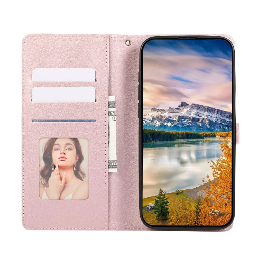 For Samsung Galaxy S25+  /  S24+ Case 3D Rhombus Grid Imprinted Wallet Leather Phone Cover with Lanyard - Rose Gold - 2