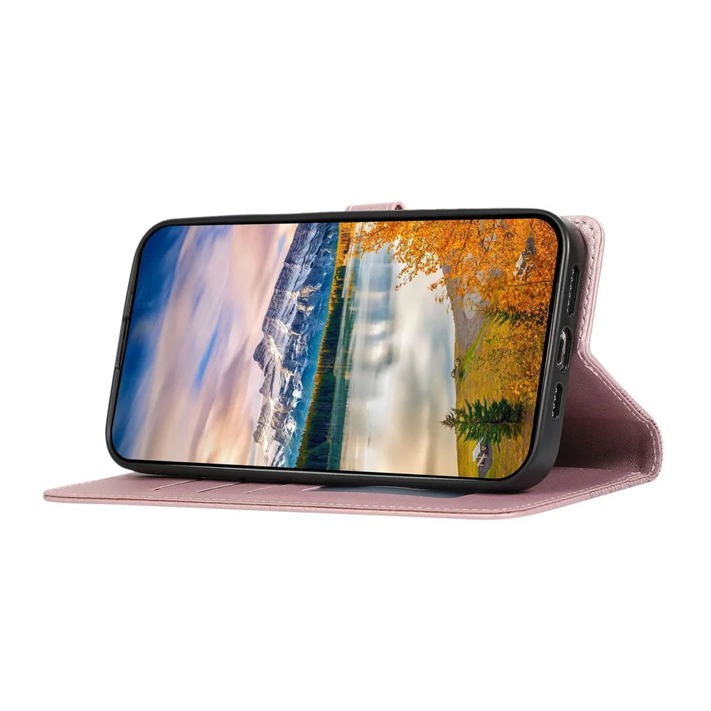 For Samsung Galaxy S25+  /  S24+ Case 3D Rhombus Grid Imprinted Wallet Leather Phone Cover with Lanyard - Rose Gold - 3