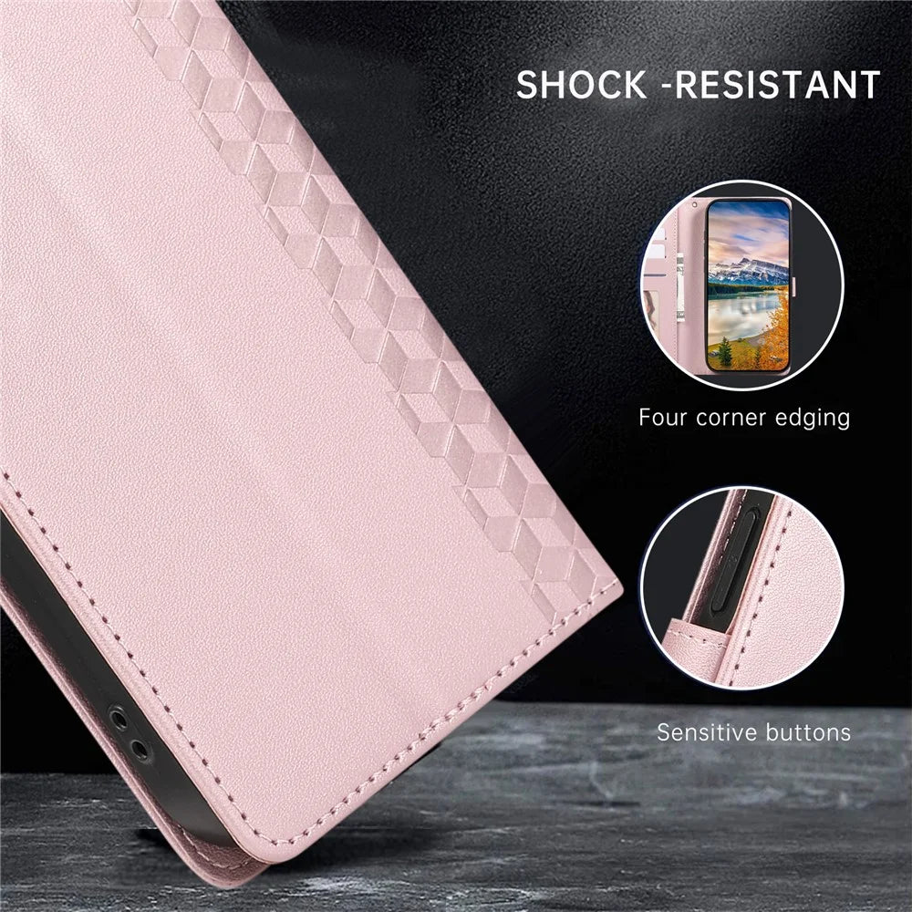 For Samsung Galaxy S25+  /  S24+ Case 3D Rhombus Grid Imprinted Wallet Leather Phone Cover with Lanyard - Rose Gold - 7