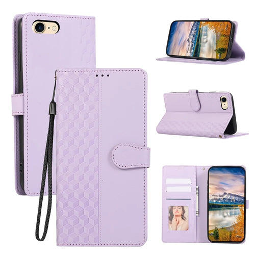 For iPhone 17e / 16e Case 3D Rhombus Grid Imprinted Wallet Leather Phone Cover with Lanyard - Purple - 1