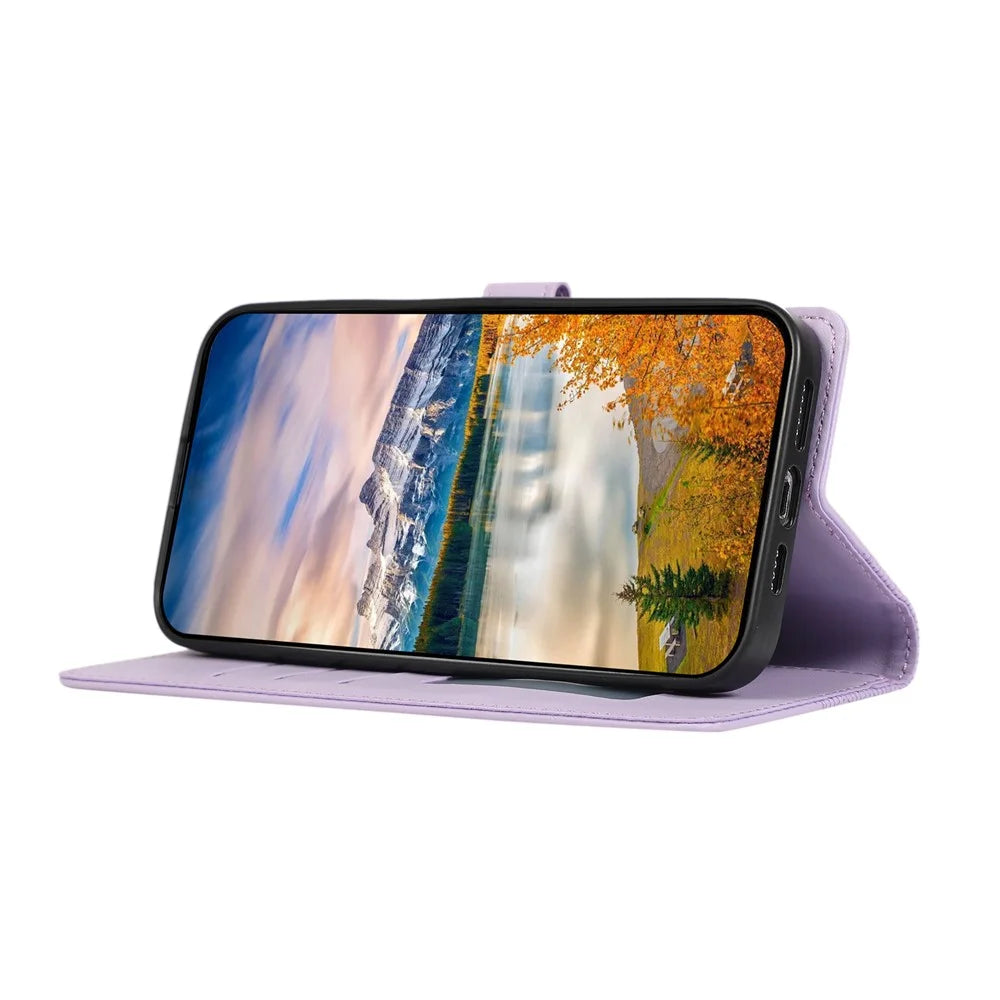 For iPhone 17e / 16e Case 3D Rhombus Grid Imprinted Wallet Leather Phone Cover with Lanyard - Purple - 2