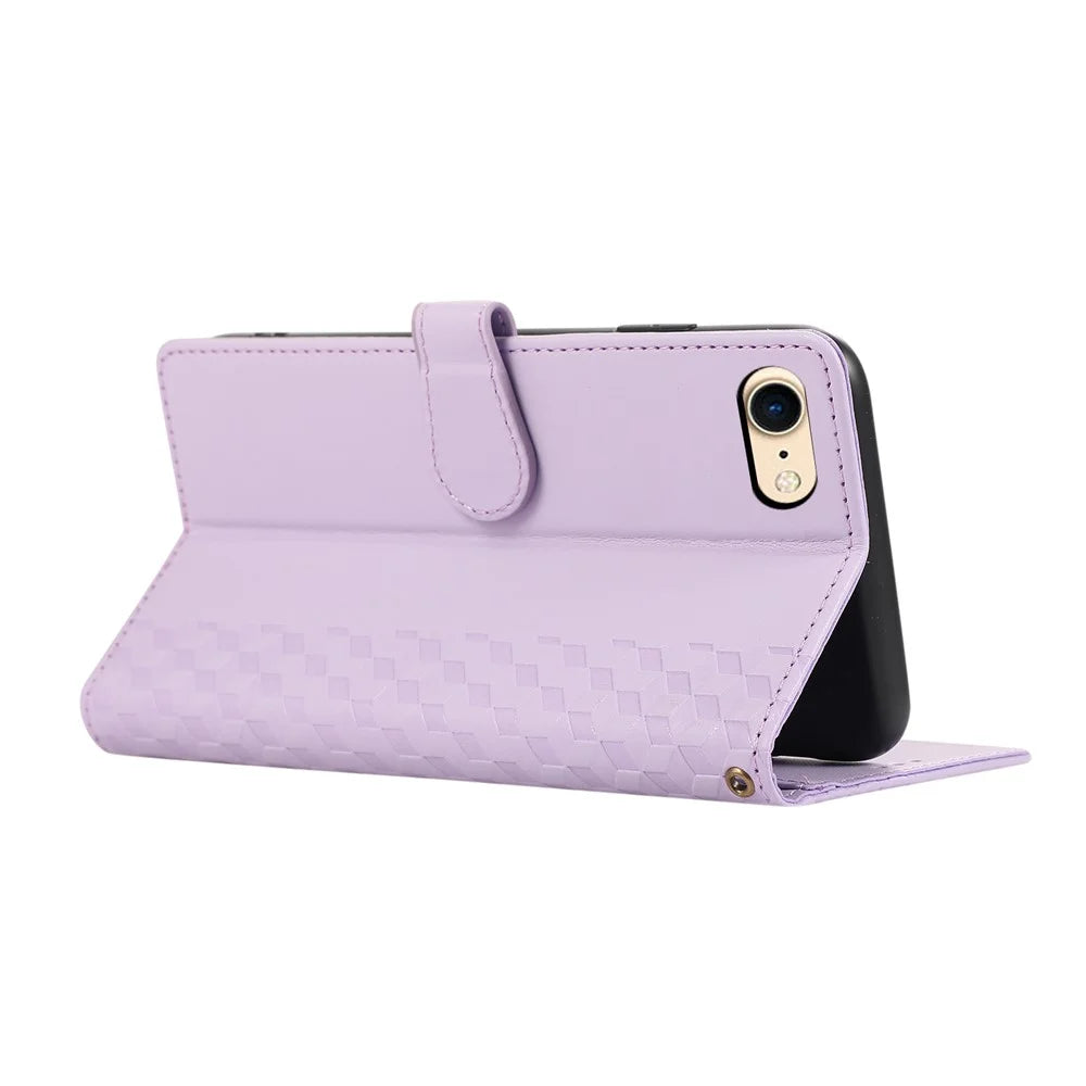 For iPhone 17e / 16e Case 3D Rhombus Grid Imprinted Wallet Leather Phone Cover with Lanyard - Purple - 3