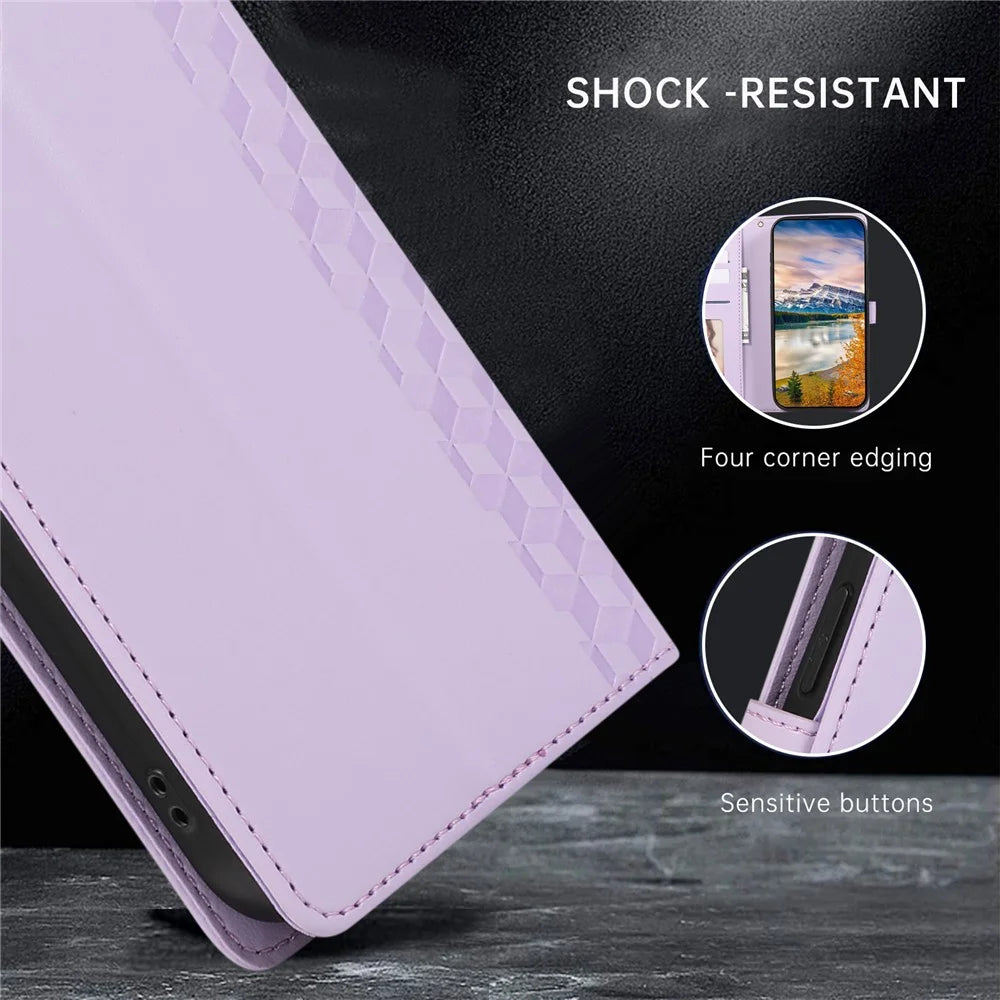 For iPhone 17e / 16e Case 3D Rhombus Grid Imprinted Wallet Leather Phone Cover with Lanyard - Purple - 6