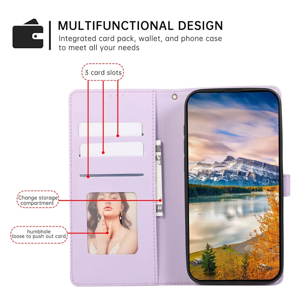 For iPhone 17e / 16e Case 3D Rhombus Grid Imprinted Wallet Leather Phone Cover with Lanyard - Purple - 7