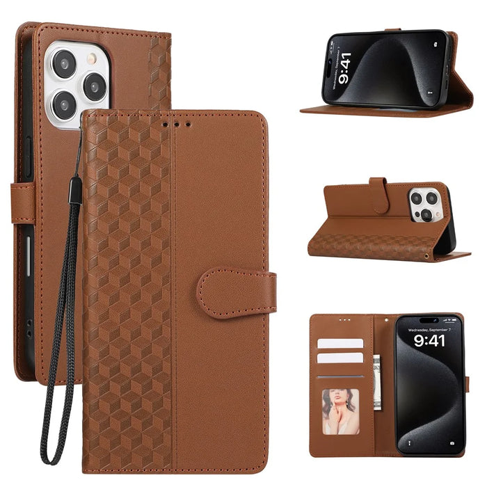 For iPhone 15 Pro Max Case 3D Rhombus Grid Imprinted Wallet Leather Phone Cover with Lanyard - Brown - 1