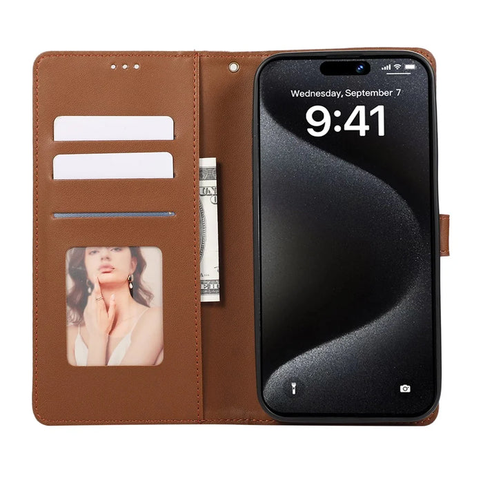 For iPhone 15 Pro Max Case 3D Rhombus Grid Imprinted Wallet Leather Phone Cover with Lanyard - Brown - 2