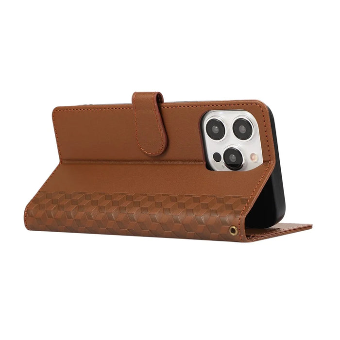 For iPhone 15 Pro Max Case 3D Rhombus Grid Imprinted Wallet Leather Phone Cover with Lanyard - Brown - 3