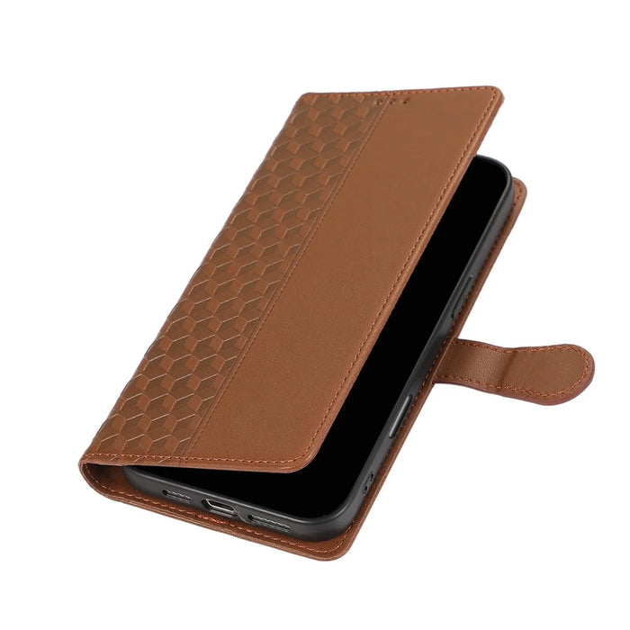 For iPhone 15 Pro Max Case 3D Rhombus Grid Imprinted Wallet Leather Phone Cover with Lanyard - Brown - 5
