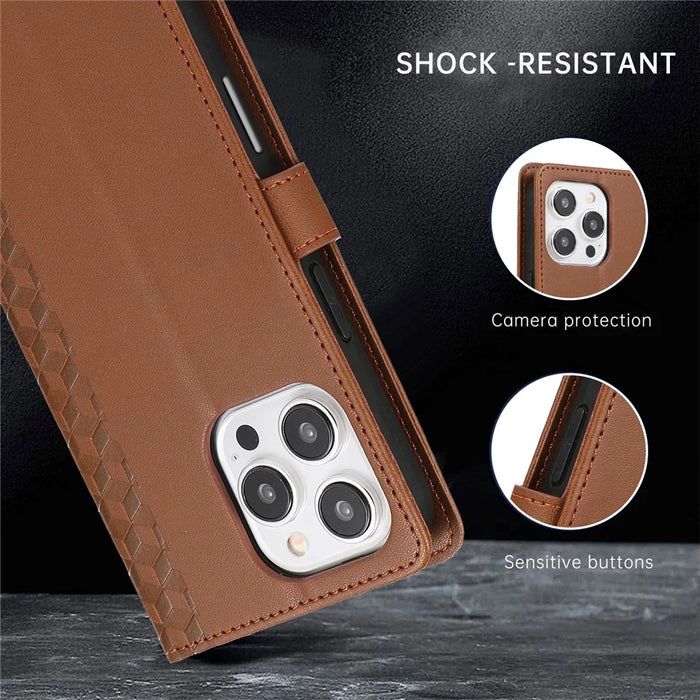 For iPhone 15 Pro Max Case 3D Rhombus Grid Imprinted Wallet Leather Phone Cover with Lanyard - Brown - 7