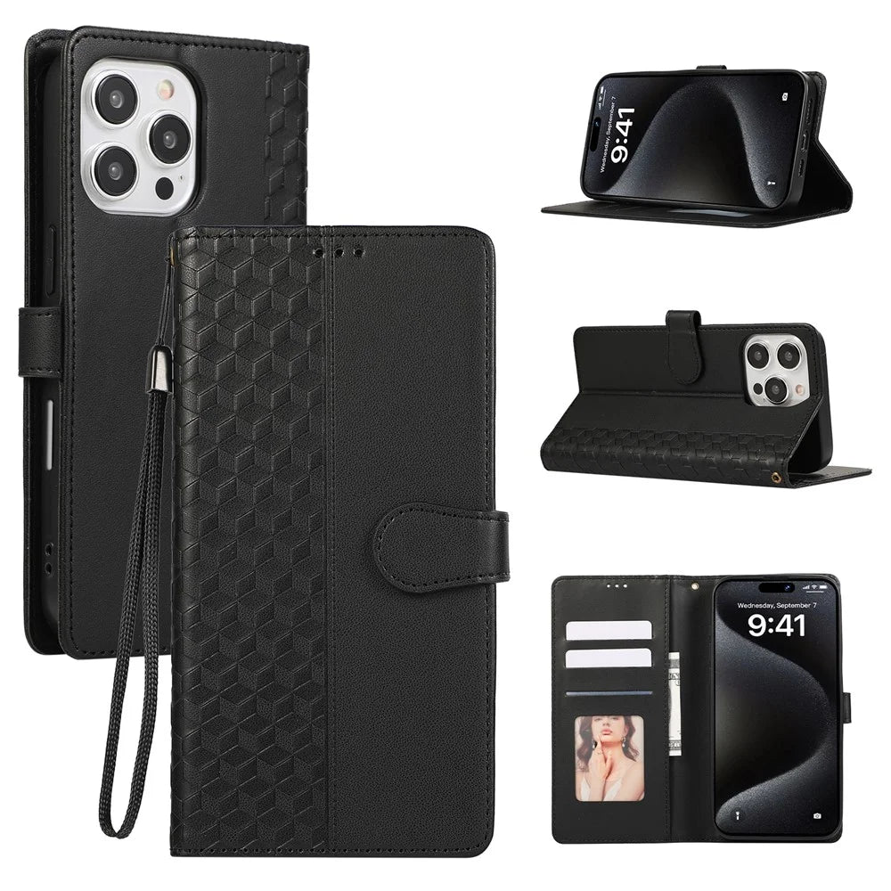 For iPhone 15 Pro Case 3D Rhombus Grid Imprinted Wallet Leather Phone Cover with Lanyard - Black - 1