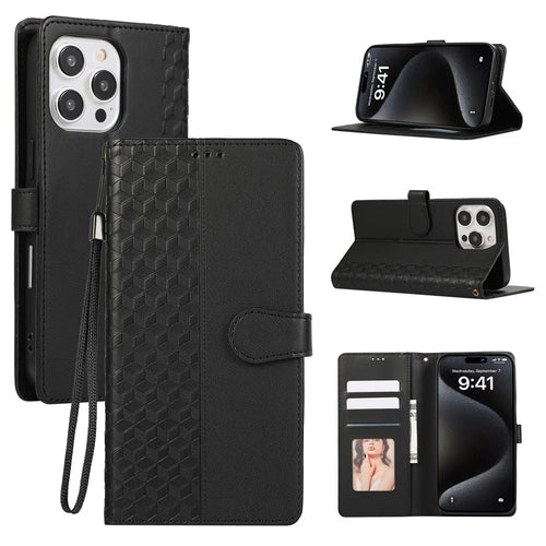 For iPhone 15 Pro Case 3D Rhombus Grid Imprinted Wallet Leather Phone Cover with Lanyard - Black - 1