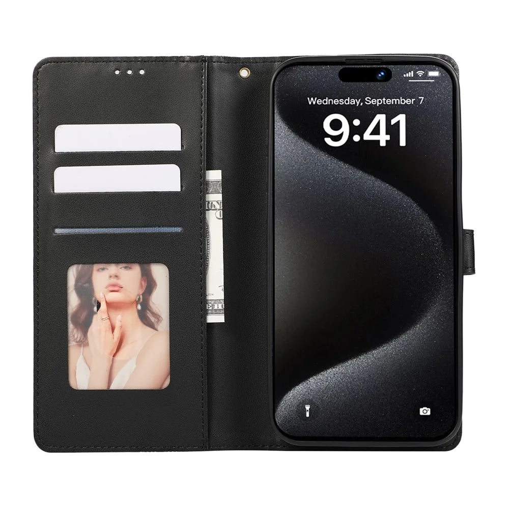 For iPhone 15 Pro Case 3D Rhombus Grid Imprinted Wallet Leather Phone Cover with Lanyard - Black - 2