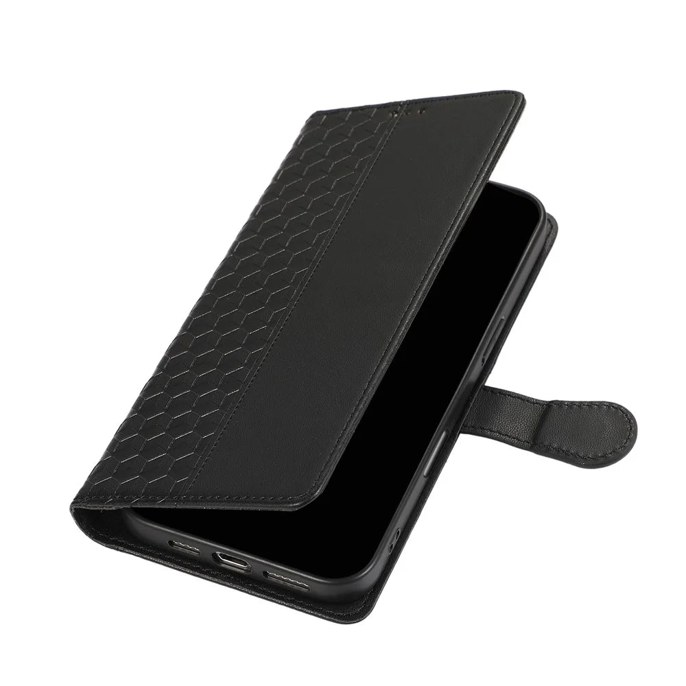For iPhone 15 Pro Case 3D Rhombus Grid Imprinted Wallet Leather Phone Cover with Lanyard - Black - 5